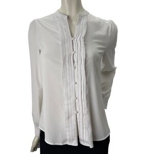 Karl Lagerfeld Paris White Pleated Pearl Button Blouse Mandarin Collar Small